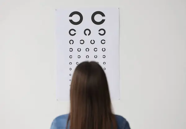 Eyesight examination. Young woman looking at vision test chart indoors, back view