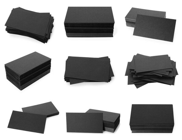 Many black business cards isolated on white