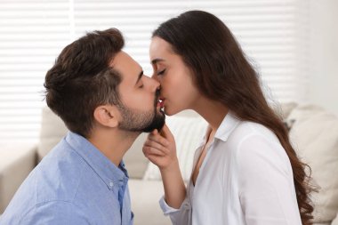 Tutkulu genç çift evdeki kanepede öpüşüyor.