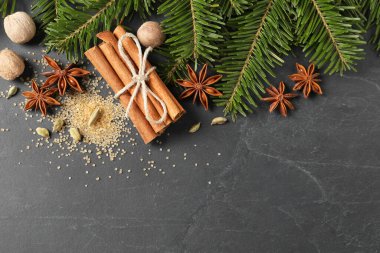 Farklı baharatlar, fındık ve köknar dalları gri masada, düz yerde. Metin için boşluk