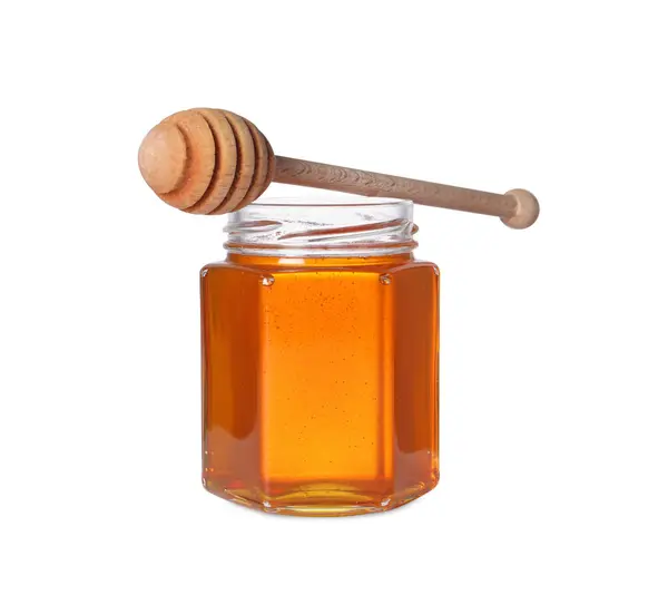 Leckerer Natürlicher Honig Glas Und Einem Auf Weiß Isolierten Löffel — Stockfoto