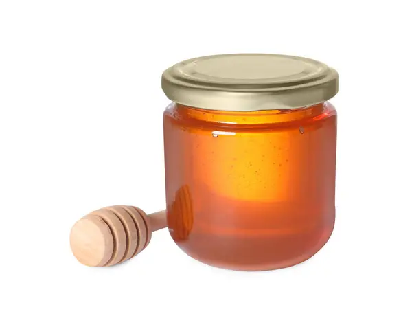 Leckerer Natürlicher Honig Glas Und Einem Auf Weiß Isolierten Löffel — Stockfoto
