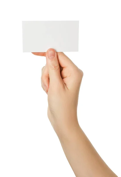 Woman Holding Blank Business Card White Background Closeup Mockup Design — Stock Photo, Image