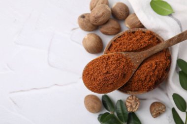 Nutmeg tozu, tohumlar ve yeşil dallar beyaz masada, düz yerde. Metin için boşluk