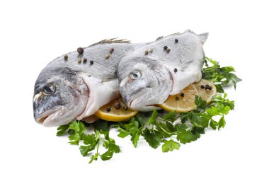 Çiğ dorado balığı, maydanoz, limon dilimleri ve beyaz üzerine izole edilmiş biberler.