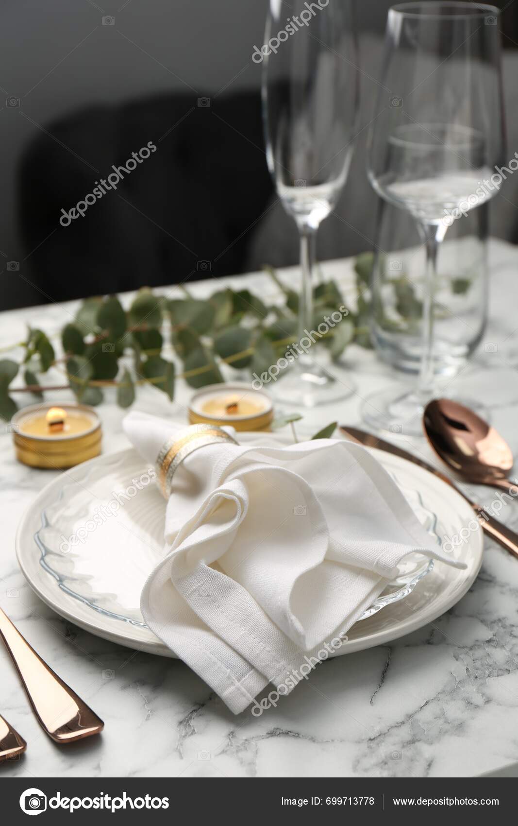 Beautiful Place Setting Candles Eucalyptus White Marble Table — Stock ...