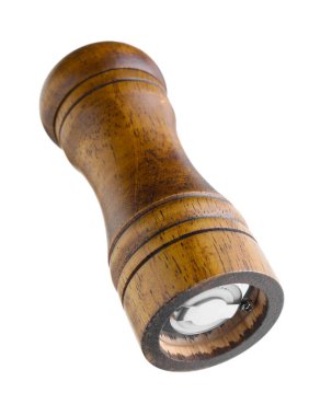 Beyaza izole edilmiş bir ahşap baharat karıştırıcı.