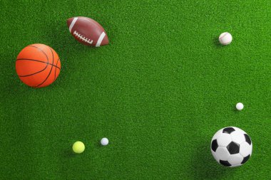 Many different sports balls on green grass, flat lay. Space for text clipart