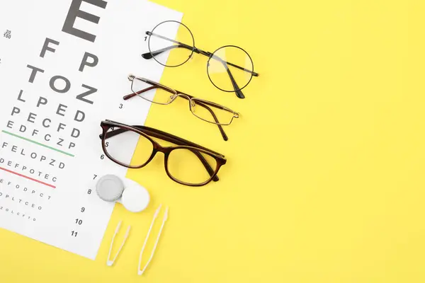 Gráfico Teste Visão Óculos Lentes Pinças Fundo Amarelo Flat Lay — Fotografia de Stock