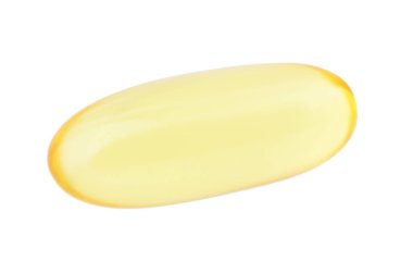 Bir sarı vitamin kapsülü beyaz, üst görünümde izole edilmiş.