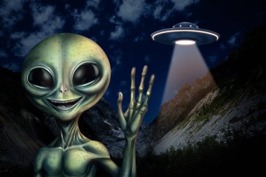 UFO. Uzaylı ve gece dağlarda uçan uzay gemisi. Dünya dışı ziyaretçiler.