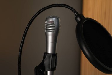 Kapalı alanda mikrofon ve pop filtresiyle durun. Ses kaydı ve takviye