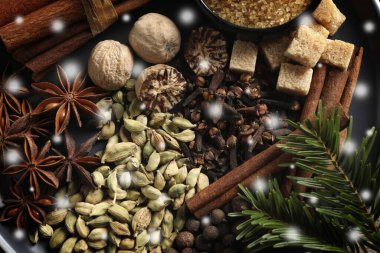 Farklı baharatlar ve siyah arka planda köknar dalları, düz bir zemin. Tarçın, karanfil, anason, kakule, hindistan cevizi, tüm baharatlar