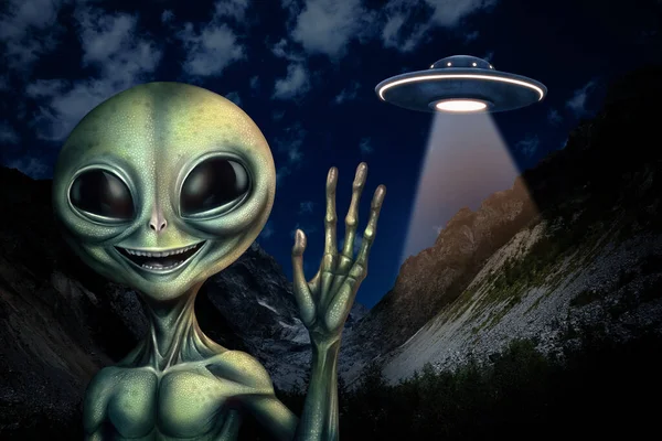 UFO. Alien and flying spaceship in mountains at night. Extraterrestrial visitors