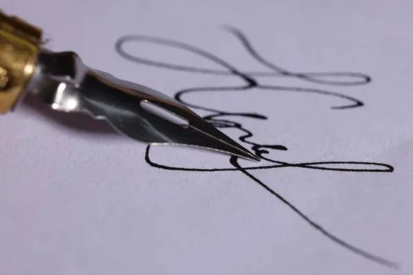 Fountain pen and signature on sheet of paper, closeup