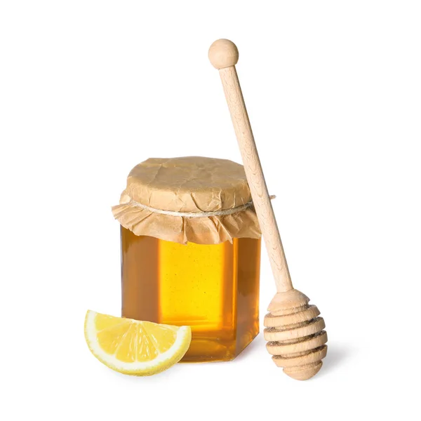Honung Glasburk Dipper Och Citron Isolerad Vitt — Stockfoto