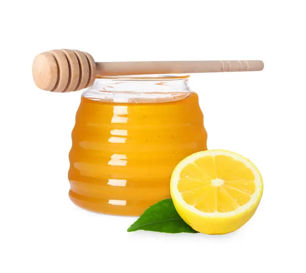 Honung Glasburk Dipper Och Citron Isolerad Vitt — Stockfoto