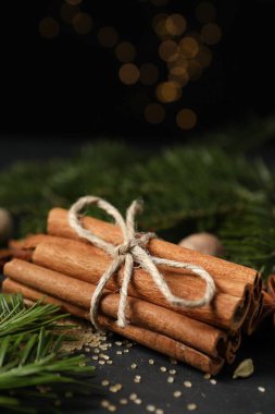 Farklı baharatlar ve köknar dalları masada, yakın plan