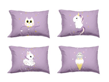 Yumuşak yastıklar beyaz üzerine izole edilmiş şirin izler, set