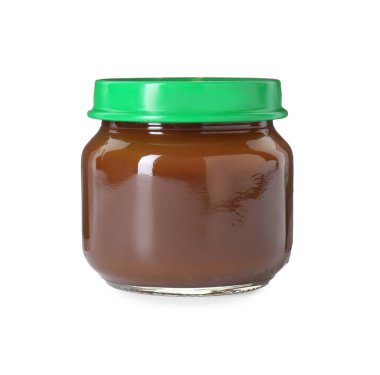 Bebek maması. Kavanozdaki lezzetli, sağlıklı püre beyaza izole edilmiş.