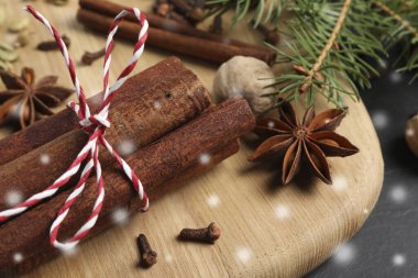 Farklı baharatlar ve köknar dalları siyah masada, yakın plan. Tarçın, karanfil, anason, kakule, hindistan cevizi