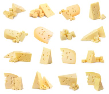 Taze peynir beyaz üzerinde izole edilmiş, bir takım parçalar.