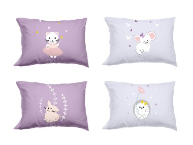 Yumuşak yastıklar beyaz üzerine izole edilmiş şirin izler, set