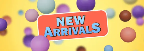 New arrivals flyer design with balls and text on yellow background, banner