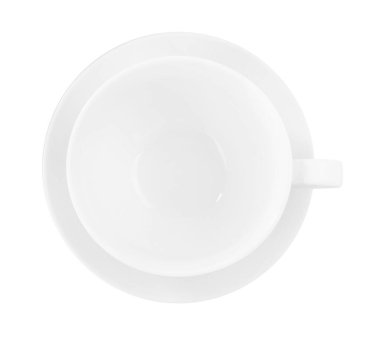 Üst görünümde beyaz üzerine izole edilmiş çay tabağı seramik fincan