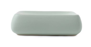 Banyo aksesuarı. Açık yeşil seramik sabun kabı beyaza izole edilmiş.