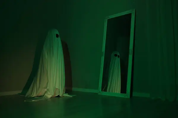 Creepy ghost. Woman covered with sheet looking at mirror in green light