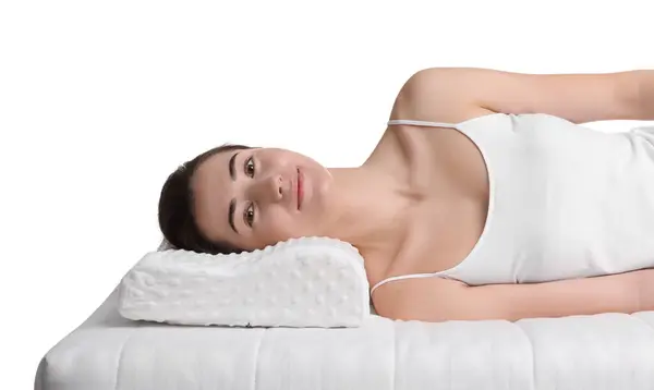 Γυναίκα Ξαπλωμένη Ορθοπεδικό Μαξιλάρι Λευκό Φόντο — Φωτογραφία Αρχείου