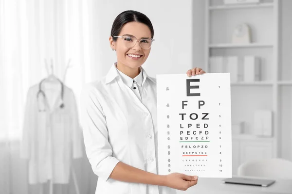 Ophthalmologist with vision test chart in clinic