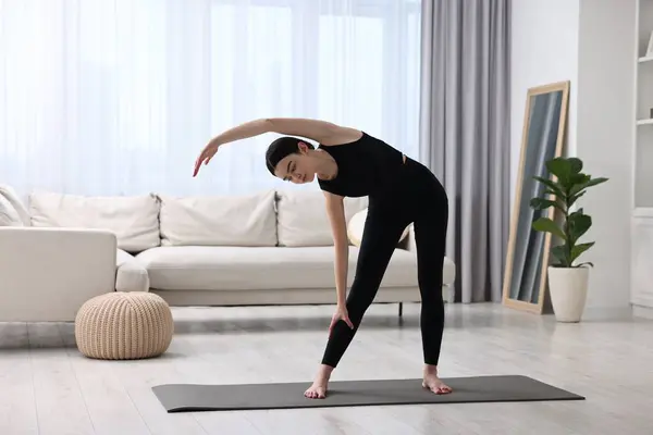 Girl Stretching Yoga Mat Home Janu Sirsasana Pose Variation — Stock Photo, Image