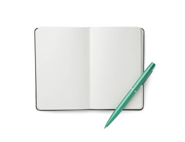 Boş sayfalar ve beyaz, üst görünümde izole edilmiş kalemle defteri aç