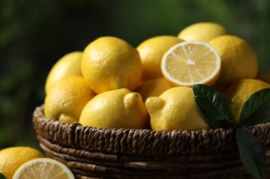 Taze limon ve yeşil yapraklar sepette bulanık arka planda, yakın plan