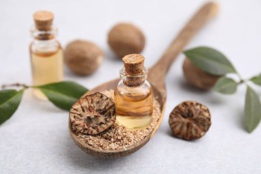 Nutmeg, temel yağ ve kaşık. Işık masasında yer fıstığı var. Yakın plan.