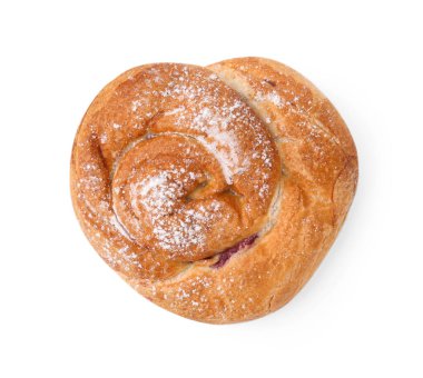 Lezzetli rulo reçelli ve toz şekerli beyaz, üst manzara. Tatlı çörek.