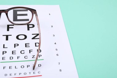 Vizyon testi çizelgesi ve turkuaz arka planda gözlük, yakın plan. Metin için boşluk