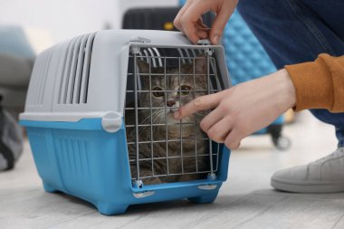 Evcil hayvanla seyahat et. Kapıda kedisi olan bir adam yaklaşıyor, yakın plan.