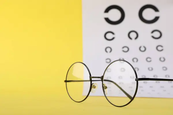 Gráfico Teste Visão Óculos Fundo Amarelo Close Espaço Para Texto — Fotografia de Stock