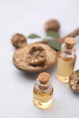 Nutmeg temel yağı, bütün ve yer fıstığı ışık masasında, yakın plan.