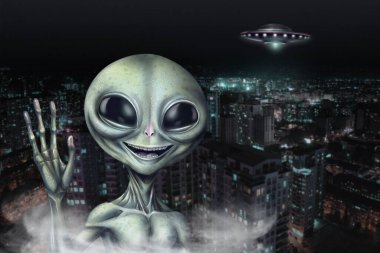 Uzaylı ve uçan daire şehirde. UFO, dünya dışı ziyaretçiler.
