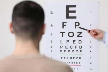 Oftalmolog klinikte genç bir adamın görüşünü test ediyor.