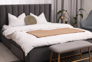 Şık bir yatak odası. Büyük yatak odası, kanepe, lamba ve çiçek.