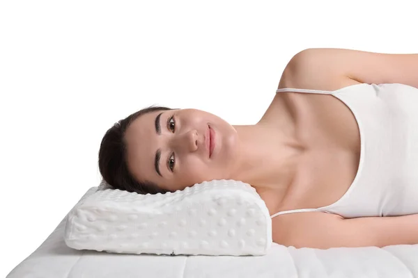 Γυναίκα Ξαπλωμένη Ορθοπεδικό Μαξιλάρι Λευκό Φόντο — Φωτογραφία Αρχείου