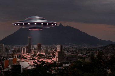 Uzaylı uzay gemisi şehirdeki binaların üzerine ışık saçıyor. UFO, dünya dışı ziyaretçiler.
