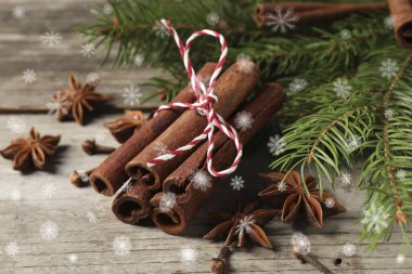 Farklı baharatlar ve ağaç dalları ahşap masada, yakın plan. Tarçın, anason, karanfil