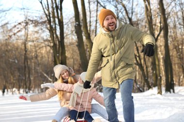 Mutlu aile karlı ormanda balyozla eğleniyor.