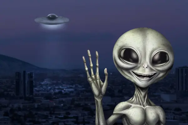 Alien and flying saucer at city. UFO, extraterrestrial visitors